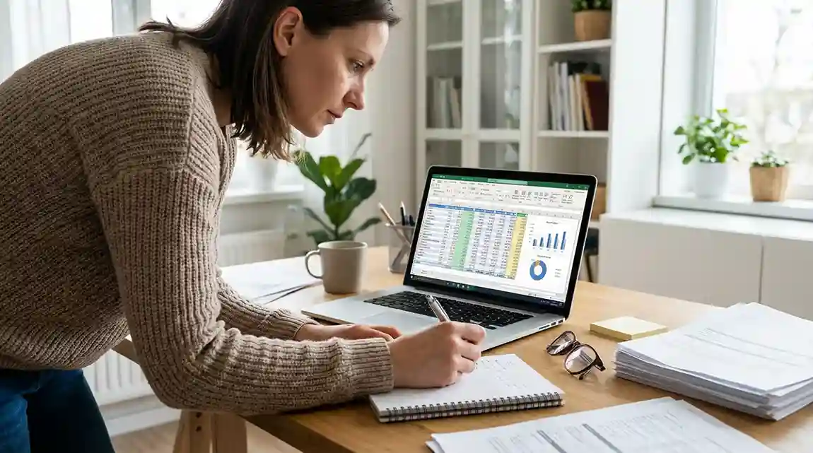 Persoon maakt aantekeningen in een notitieboek naast een laptop met spreadsheet