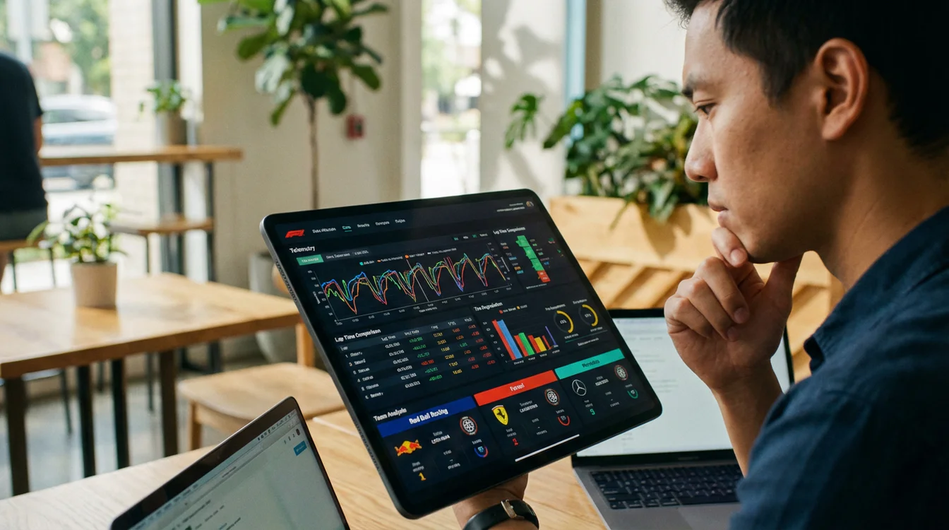 Persoon analyseert racedata en statistieken op een tablet in een moderne omgeving