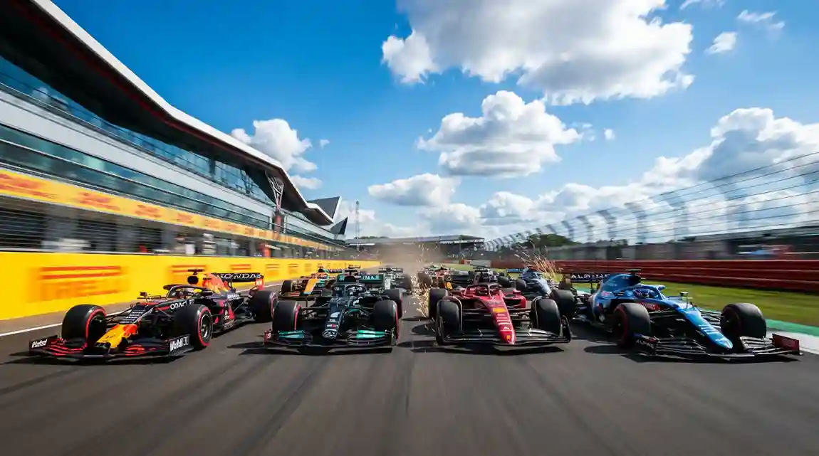 Formule 1-wagens racen zij aan zij op een modern circuit