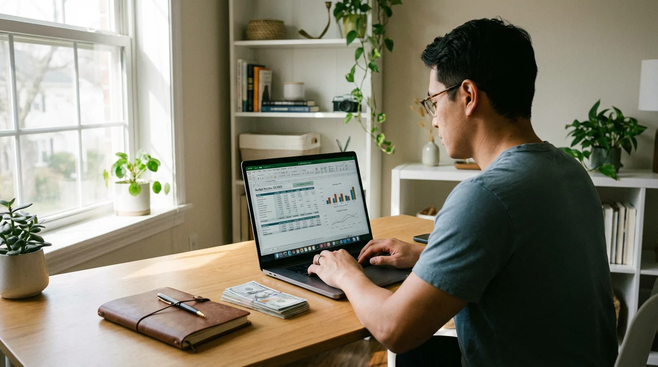 Persoon beheert financiën met een spreadsheet op laptop