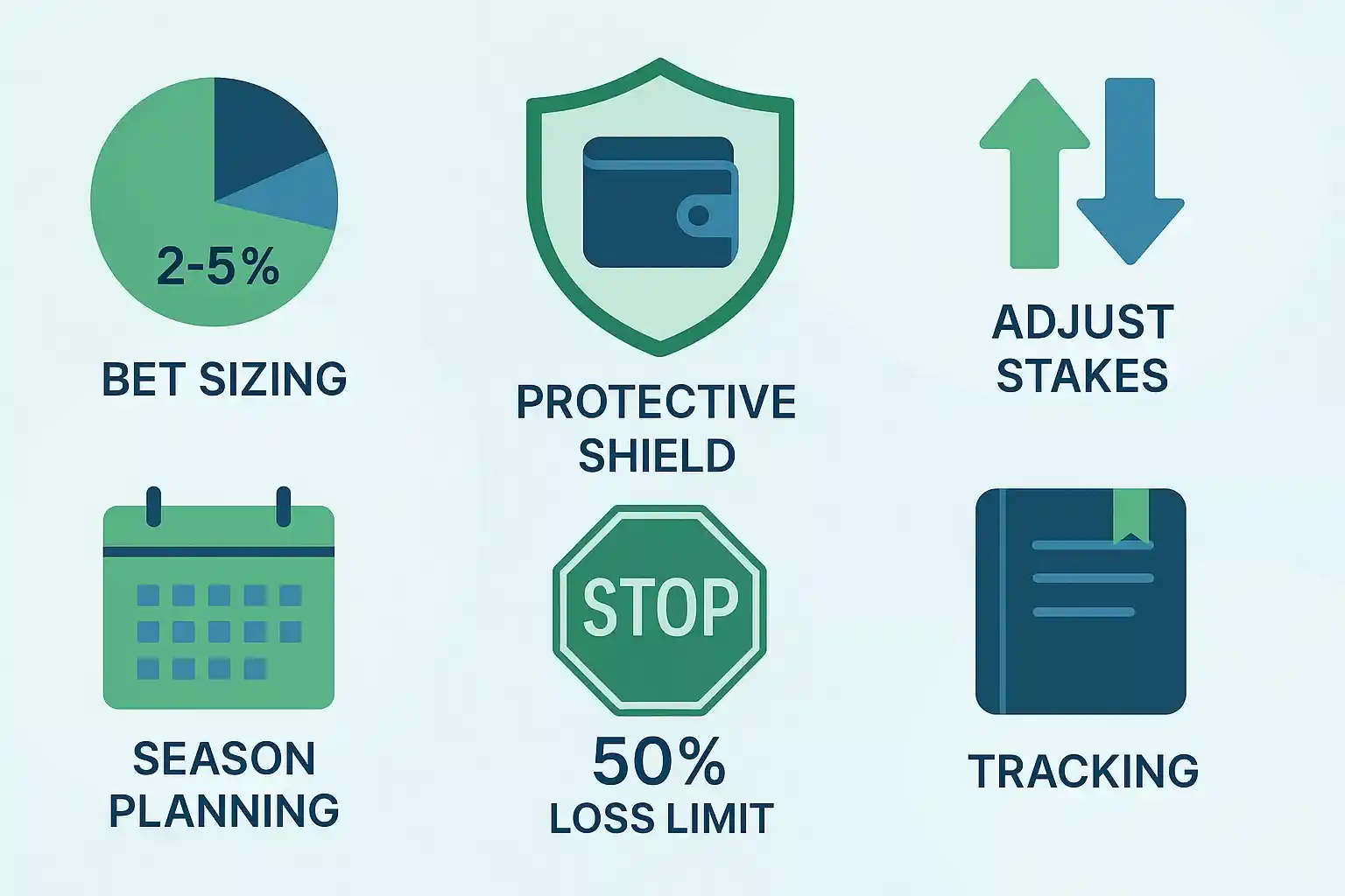 Infographic met bankroll management principes: 2-5% inzet, beschermingsschild, seizoensplanning en logboek