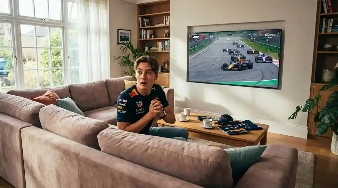 Persoon kijkt enthousiast naar een Formule 1-race op televisie