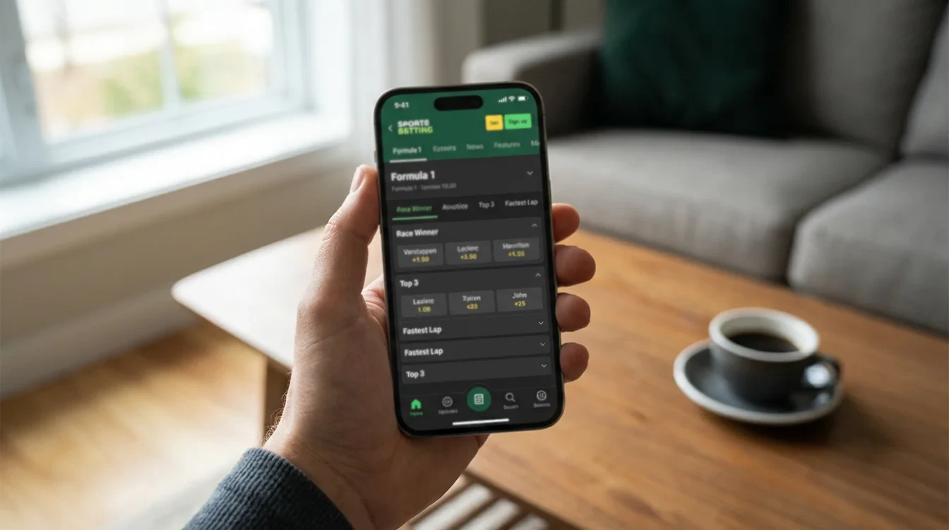 Smartphone met een sportwedden app open op de F1 sectie