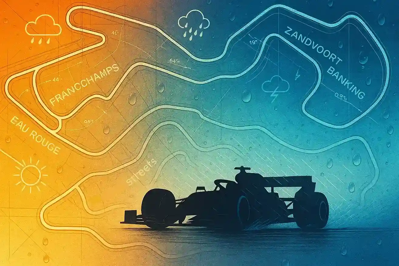 Illustratie van F1 circuits Spa-Francorchamps, Zandvoort en Monaco met regendruppels en Verstappen's dominantie