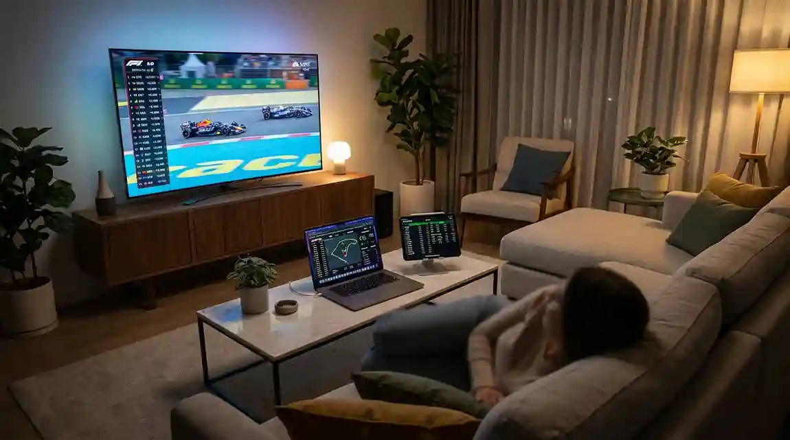 Meerdere schermen tonen live racebeelden en data in een moderne omgeving