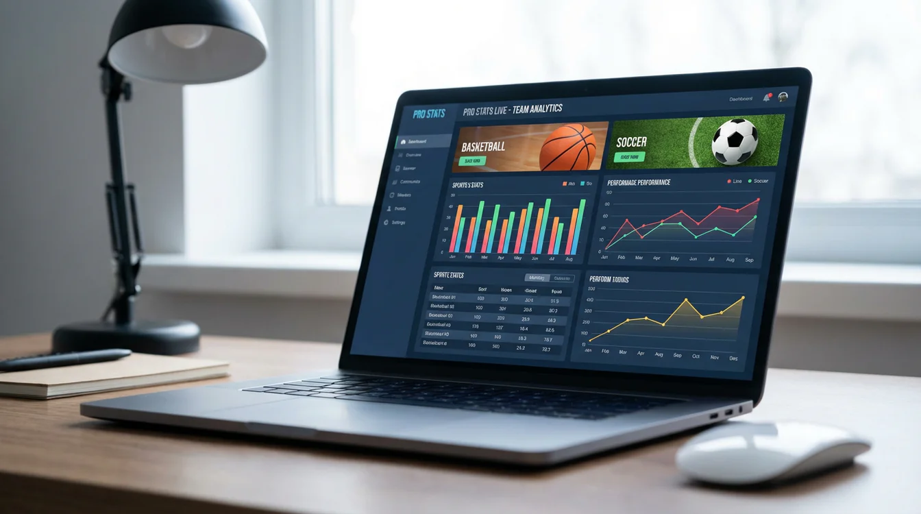 Laptopscherm toont gedetailleerde sportstatistieken en prestatiegrafieken