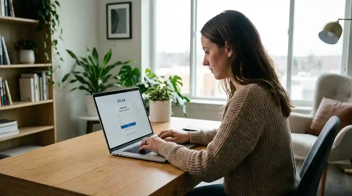 Persoon opent een account op een laptop met een welkomstscherm zichtbaar