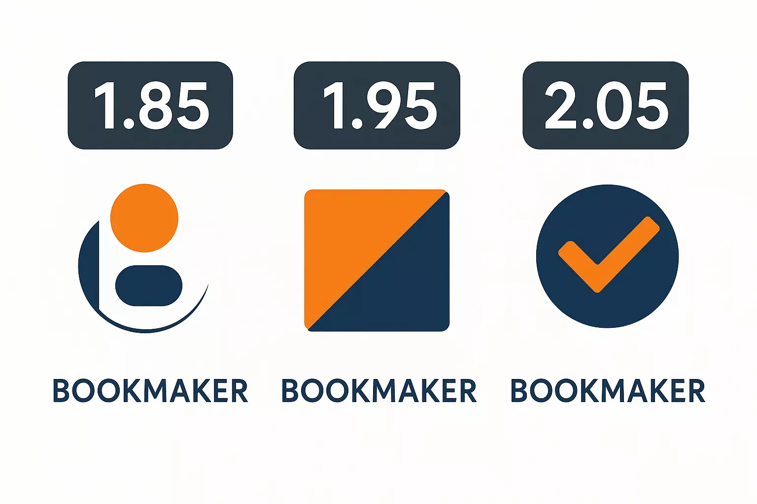 Infographic met drie bookmakers die verschillende odds tonen - 1.85, 1.95 en 2.05 - visualisatie van oddsverschillen