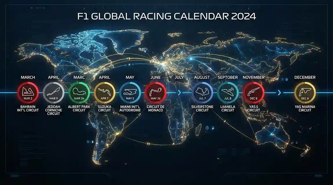 F1-seizoenskalender met verschillende circuits gemarkeerd