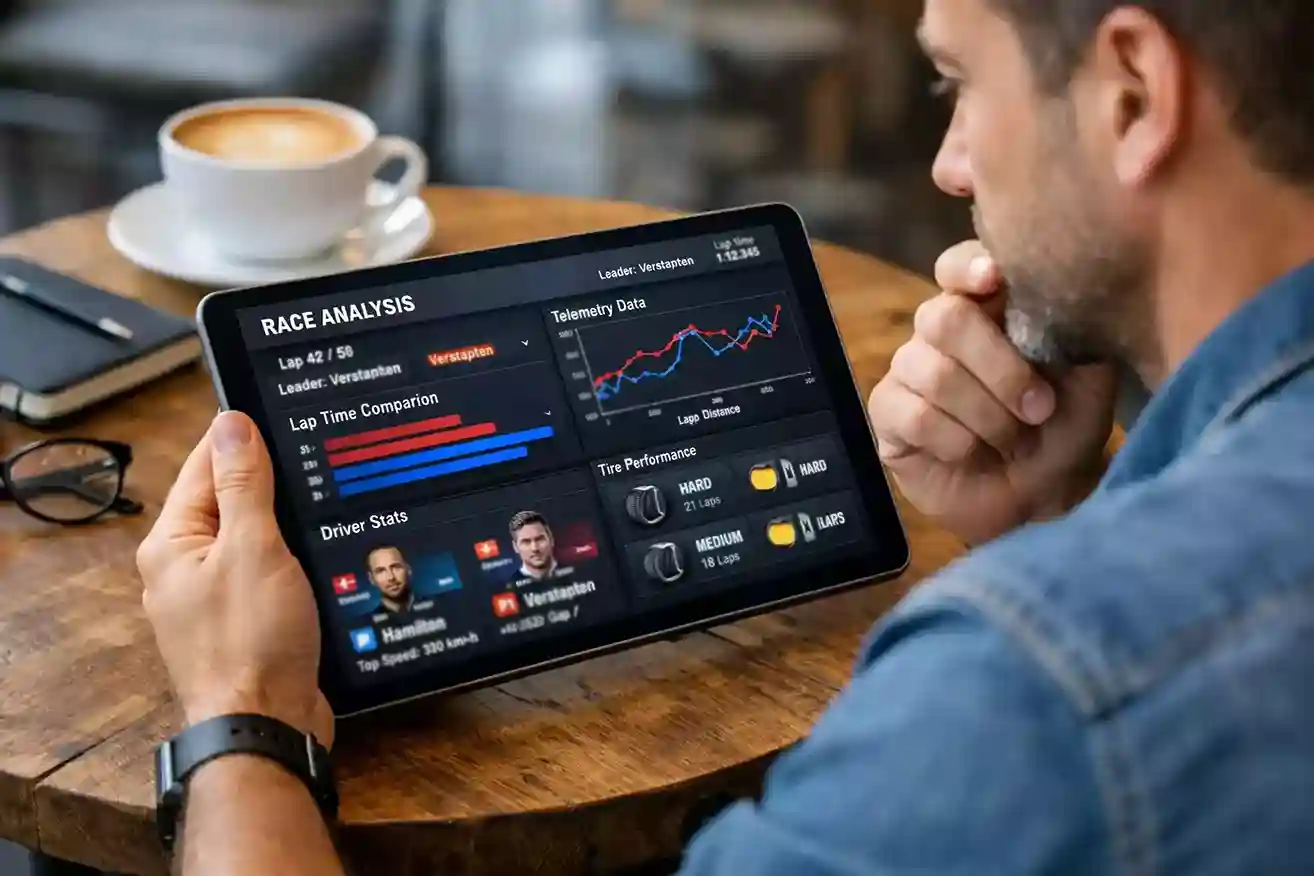 Persoon analyseert F1-racegegevens op een tablet voor het maken van voorspellingen