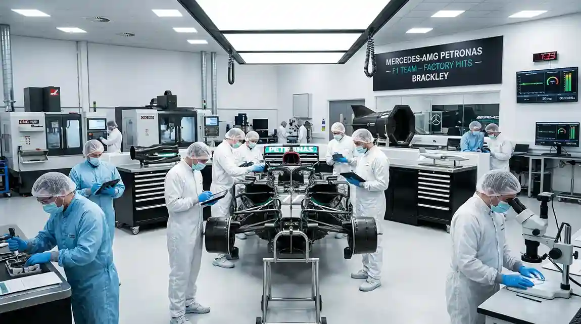 Ingenieurs werken aan een Formule 1-auto in een moderne teamfabriek