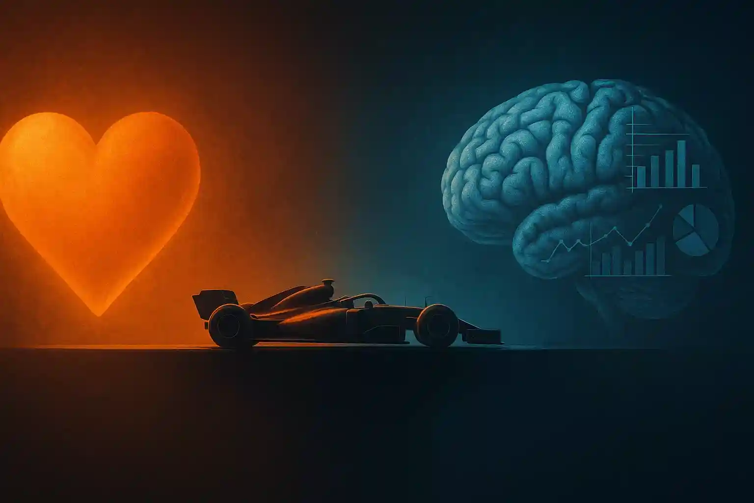 Conceptuele illustratie van oranje hart versus analytisch brein verbonden door F1 auto als symbool van balans