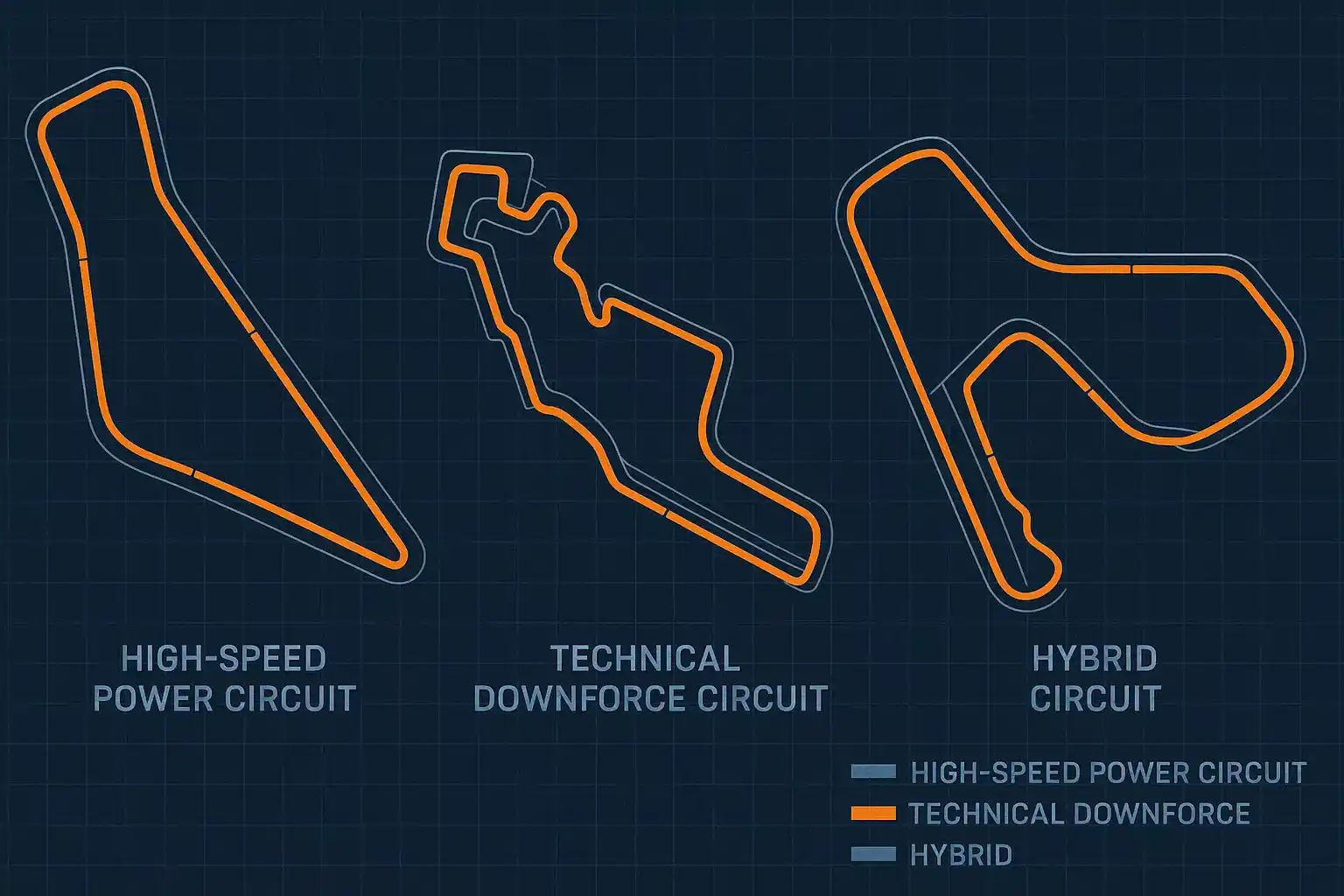 Illustratie van drie F1 circuittypes: vermogenscircuit Monza, downforcecircuit Monaco en hybride Silverstone