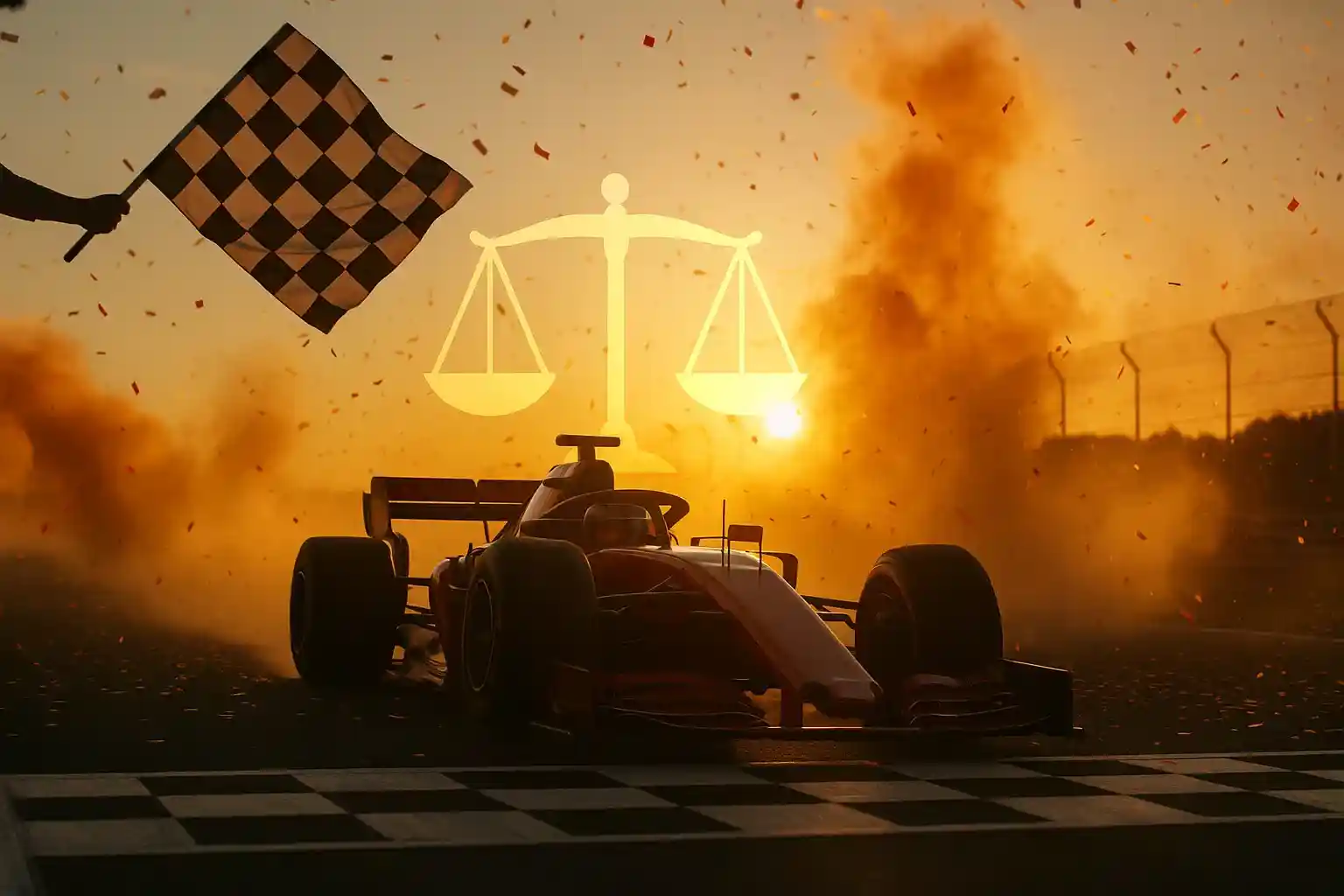 F1 auto passeert de finishlijn met geblokte vlag bij zonsondergang, symbool van succes en balans in live wedden