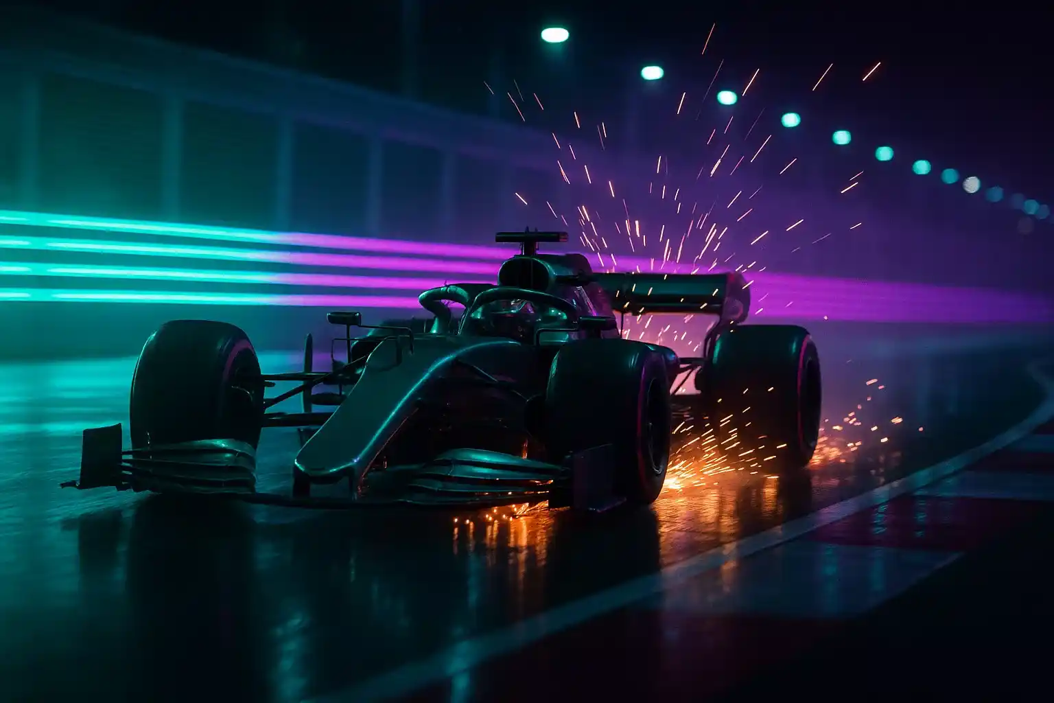 Spectaculaire F1 bolide tijdens een nachtrace met vonken en dynamische lichteffecten