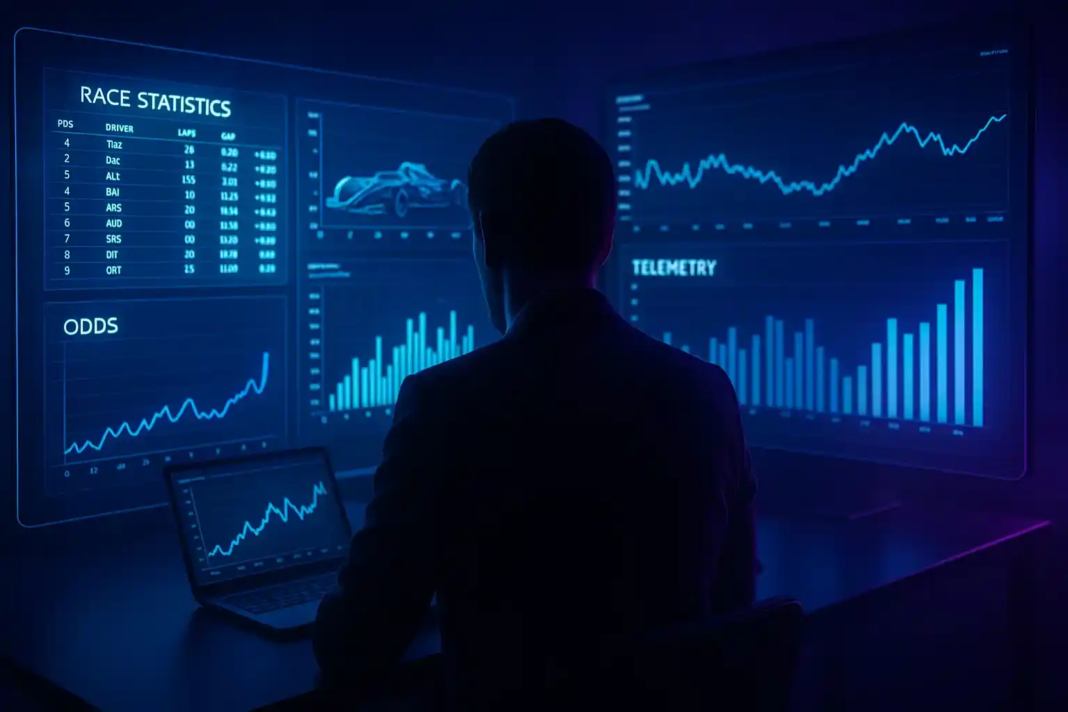 Professionele analyse van F1 odds en statistieken op meerdere schermen met grafieken