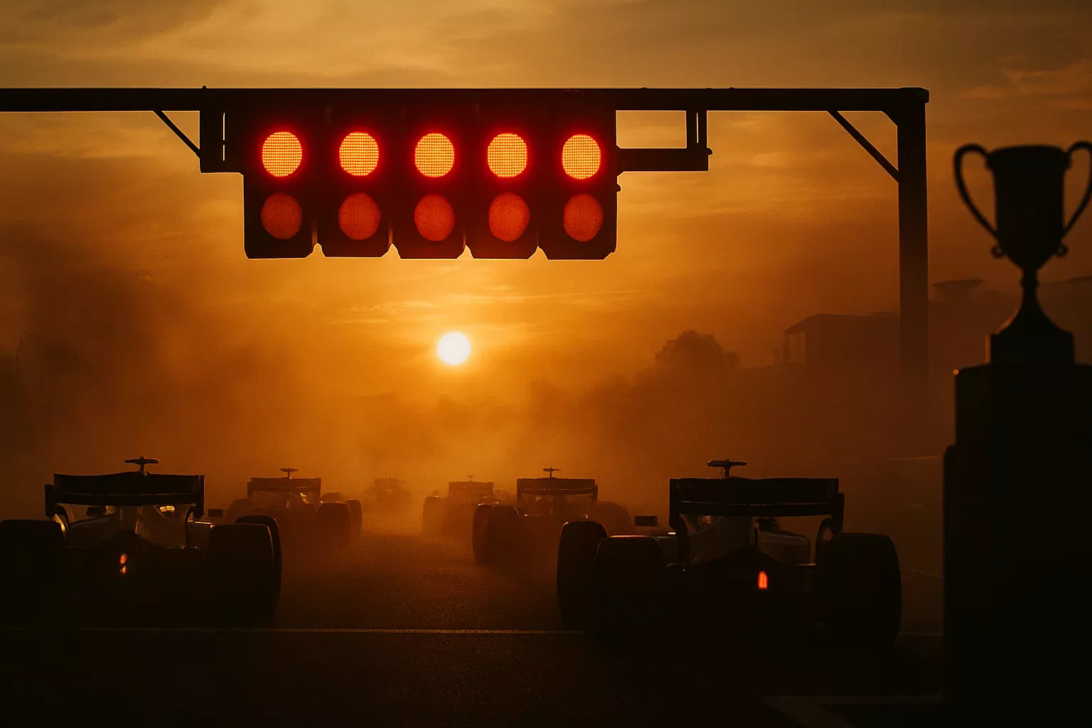 Dramatische F1 startlichten bij zonsondergang met racewagens klaar voor de start - winnende strategie concept