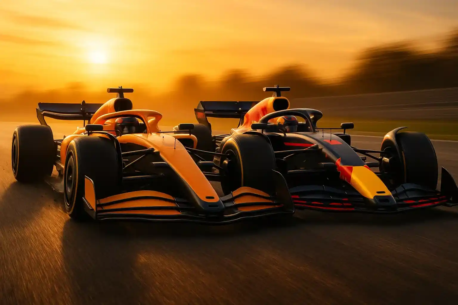 Twee F1 bolides in een intense wiel-aan-wiel strijd om de positie tijdens het seizoen 2025