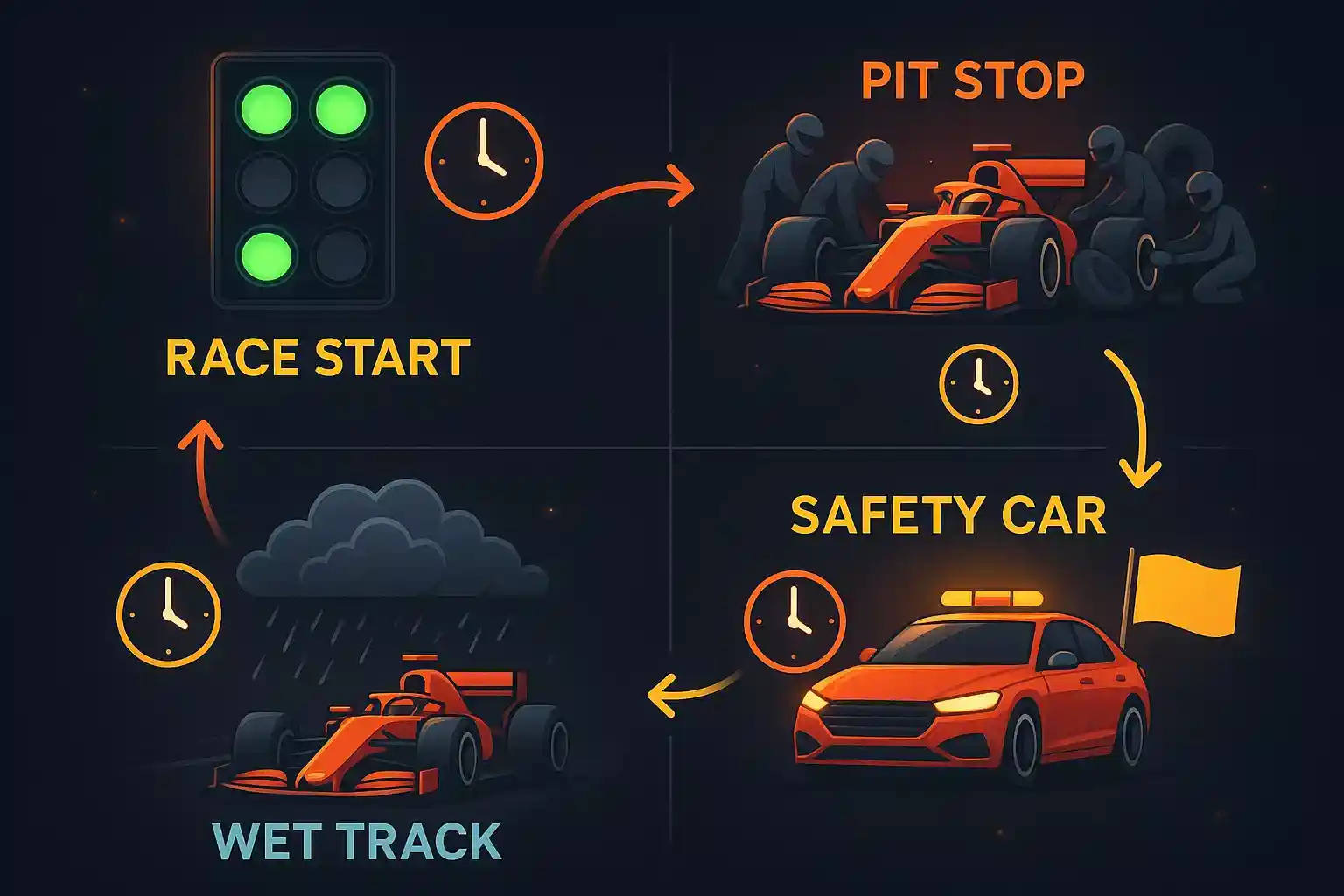Infographic met vier sleutelmomenten in F1: racestart, pitstop, safety car en regen met timing indicatoren