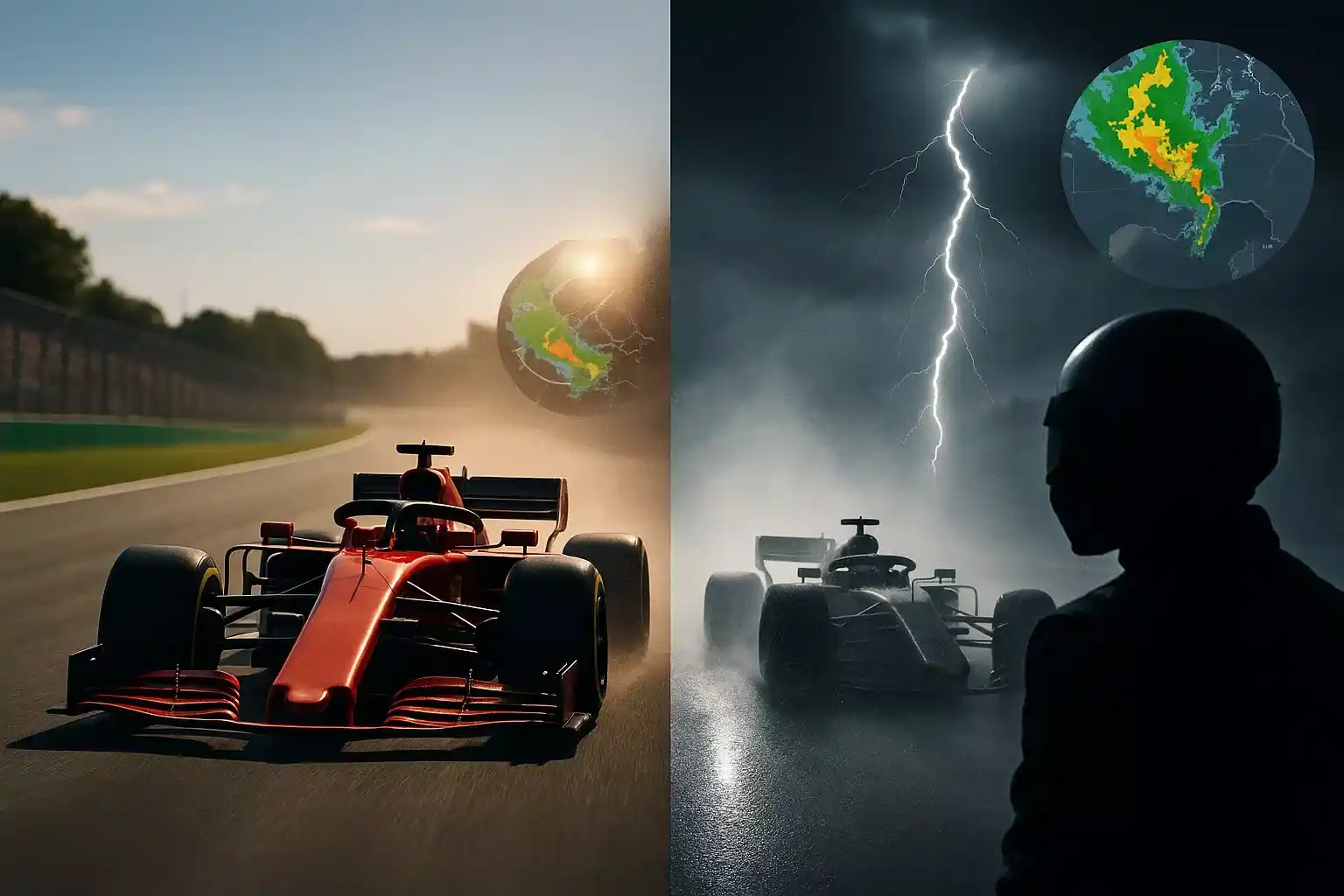 Split-screen van F1 race in droge en natte condities met weerradar overlay