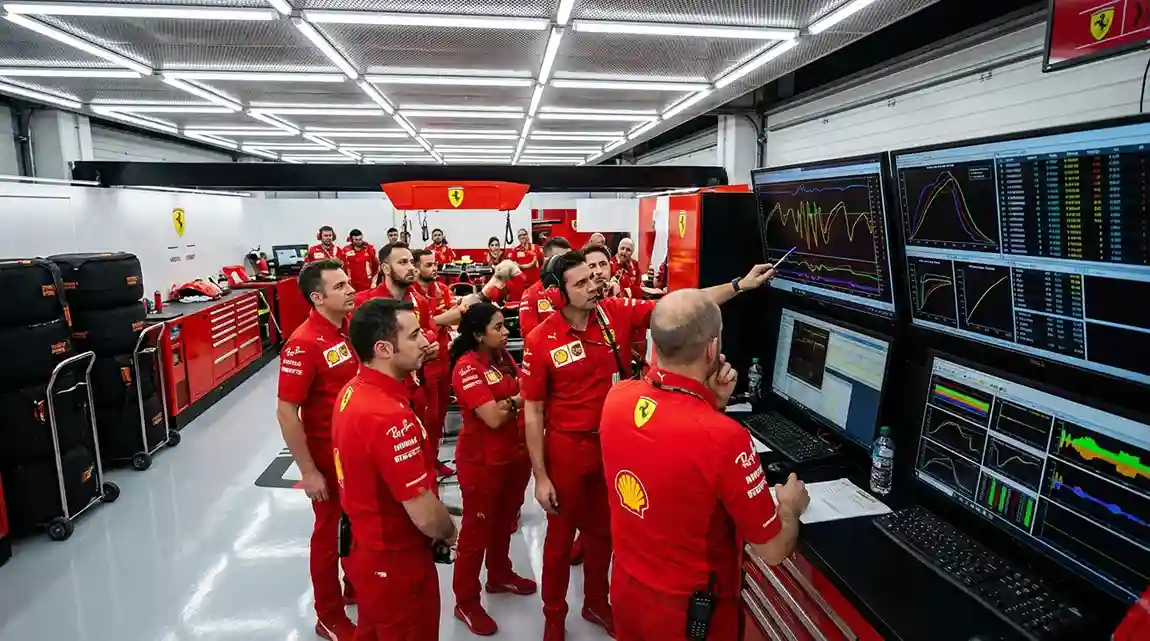 Ferrari-monteurs analyseren data op schermen in de pitbox garage