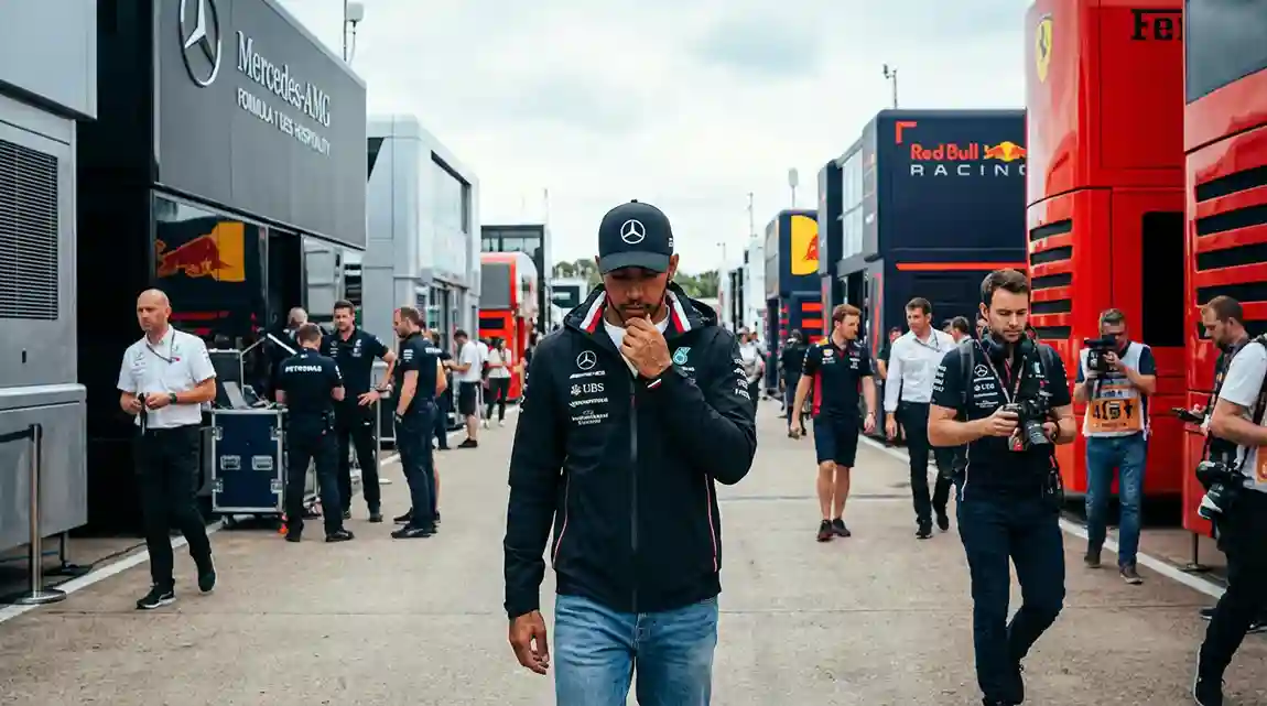 Formule 1-coureur in teamkleding loopt door de paddock met een peinzende uitdrukking