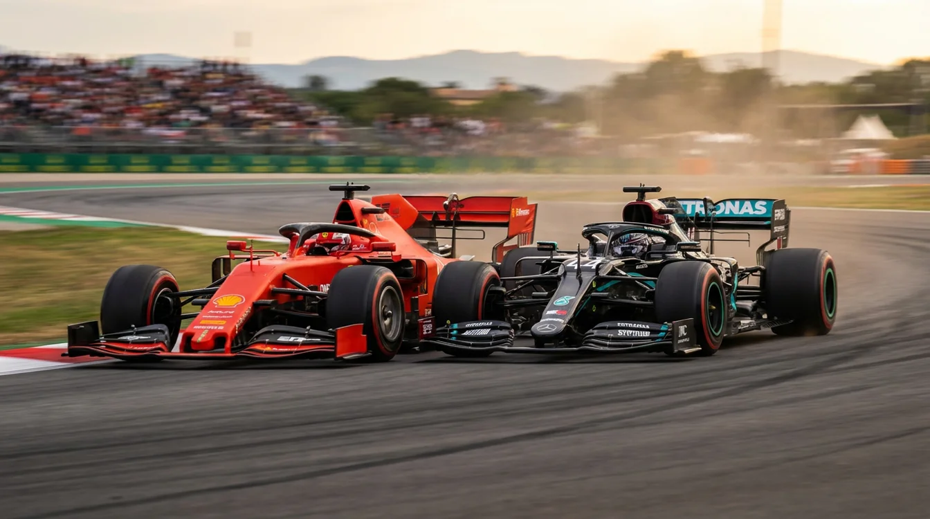 Twee Formule 1-wagens strijden zij aan zij om positie in een bocht