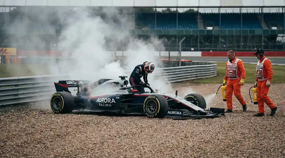 Formule 1-wagen staat stil naast de baan na een technisch probleem