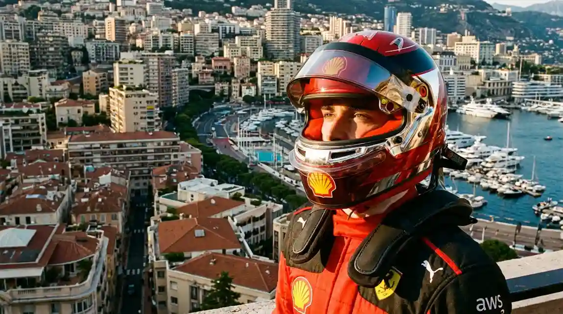 Charles Leclerc in zijn Ferrari-helm met de haven van Monaco op de achtergrond