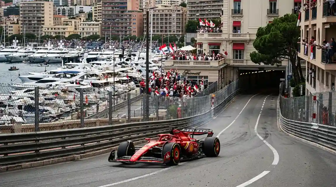 Formule 1-wagen rijdt door de beroemde havenstraten van het Monaco-circuit