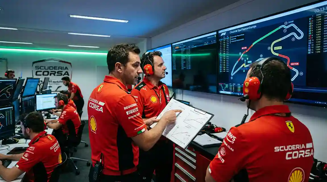 Racestrateeg bespreekt tactiek met teamleden aan de hand van notities en schermen
