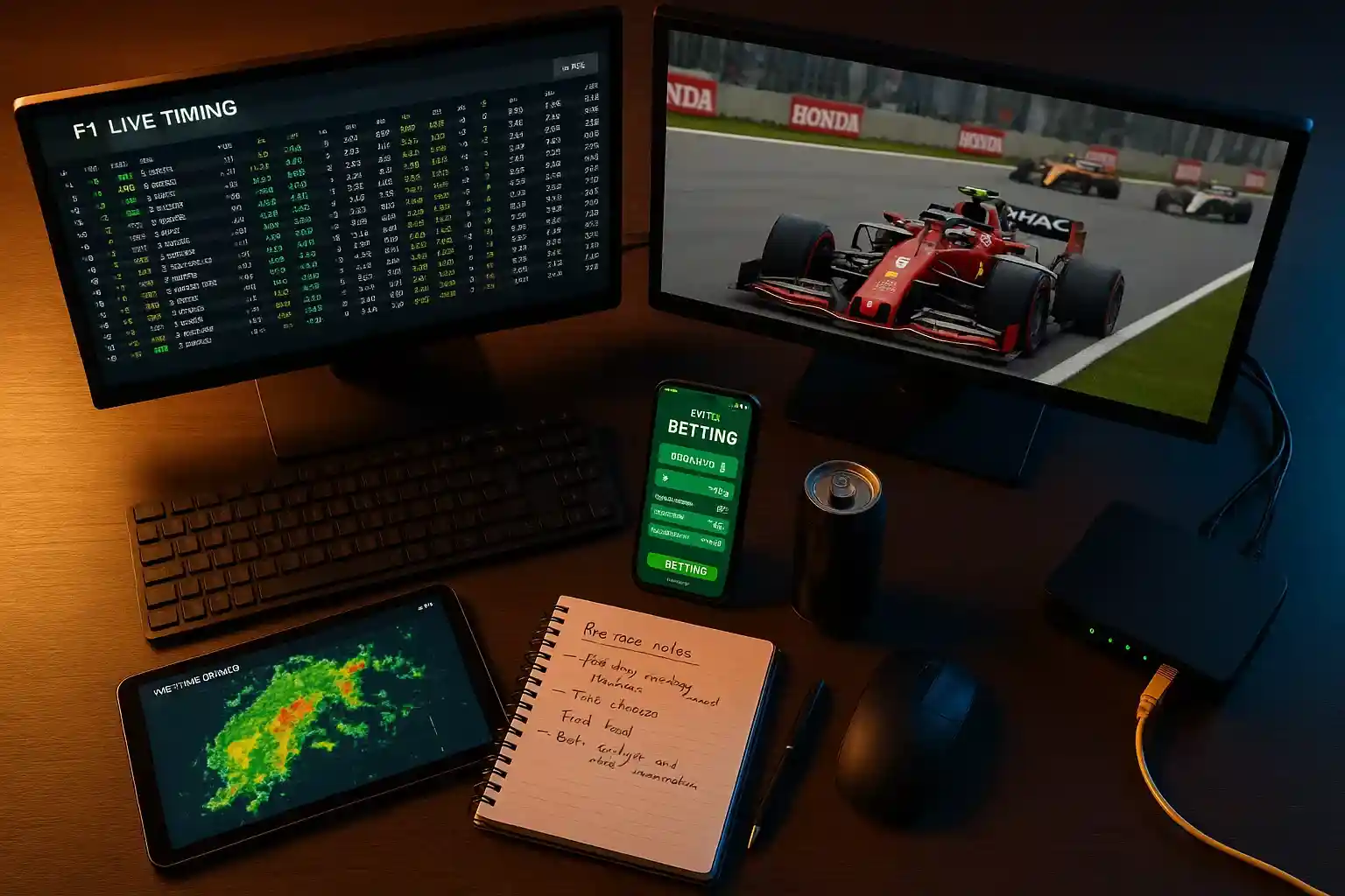 Professionele live wedden setup met meerdere schermen, F1 timing data, smartphone met betting app en notities