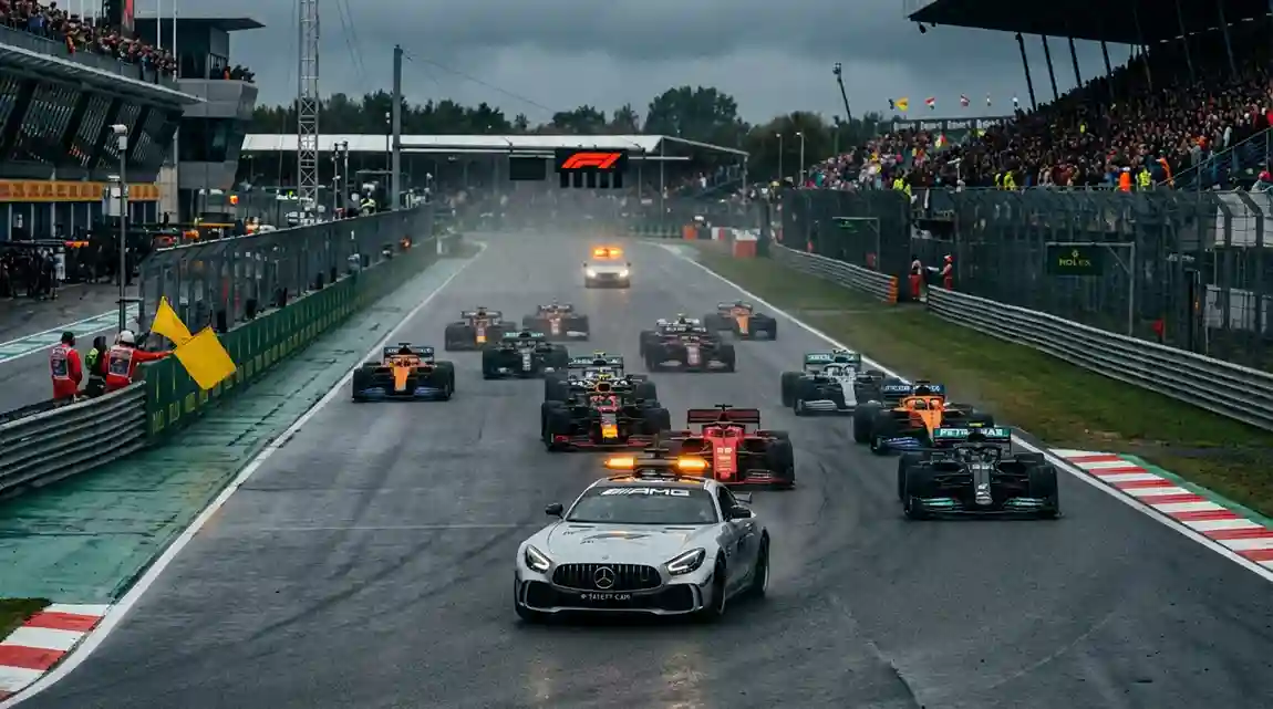 Formule 1-veld gegroepeerd achter de safety car op het circuit