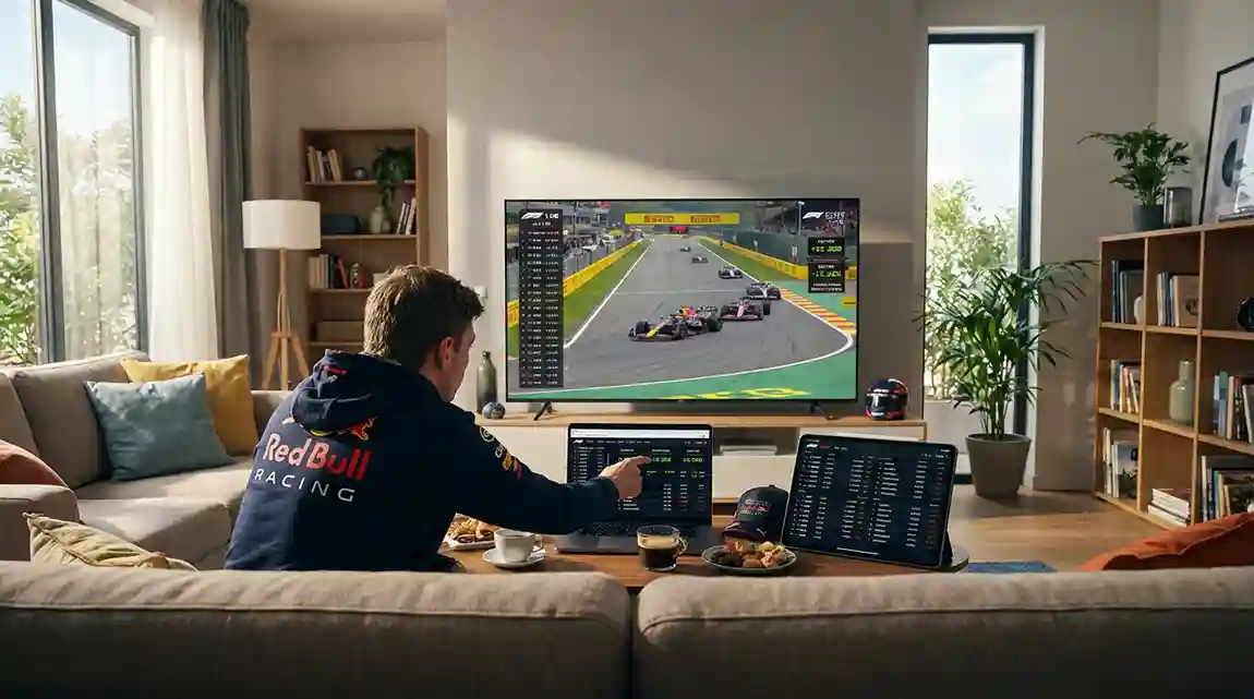 Persoon volgt de F1-race op meerdere schermen met live timing en data