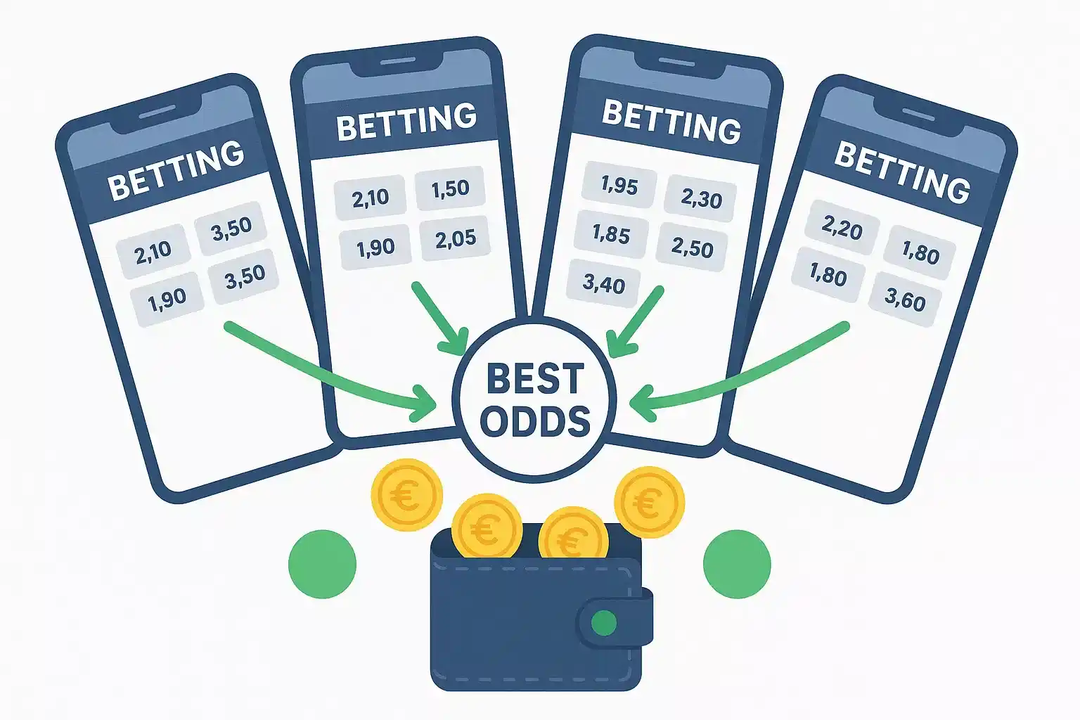 Illustratie van slimme strategie met meerdere bookmaker apps die naar de beste odds wijzen