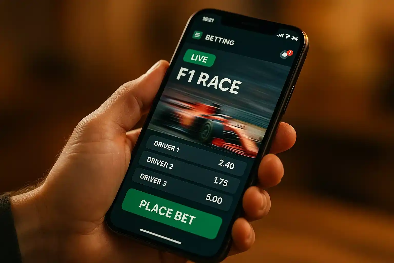 Hand met smartphone waarop een betting app met live F1 odds wordt getoond