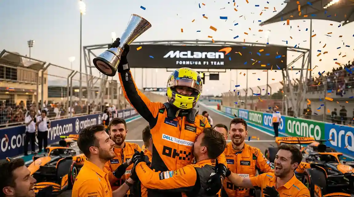 Lando Norris viert zijn wereldkampioenschap met het McLaren-team