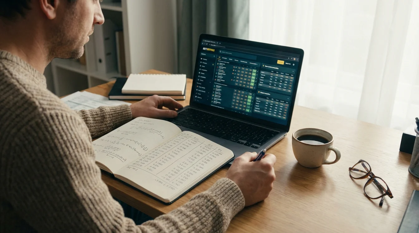 Persoon maakt berekeningen met een notitieblok en laptop