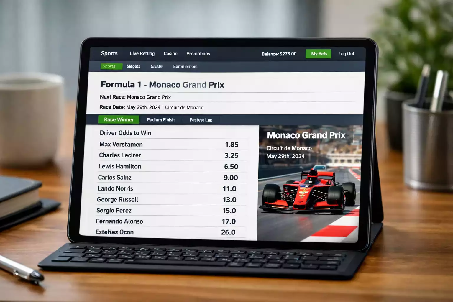 Scherm met F1 wedodds en quoteringen bij een bookmaker