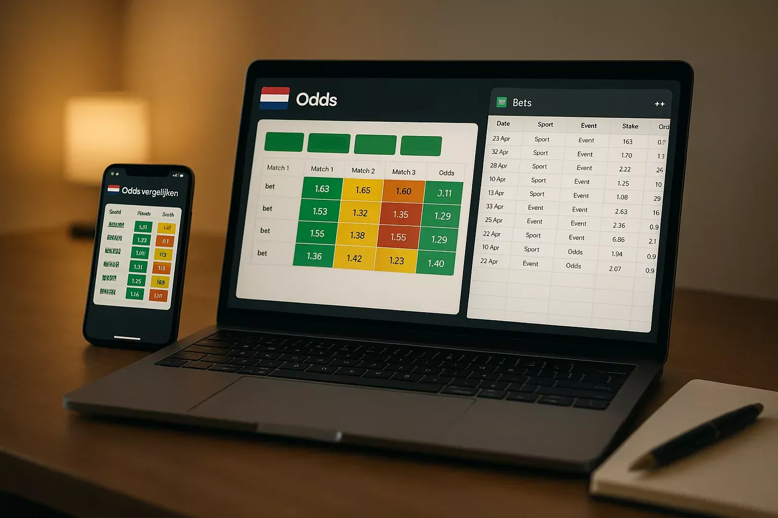 Laptop en smartphone met odds vergelijkingswebsites en spreadsheet voor het bijhouden van weddenschappen