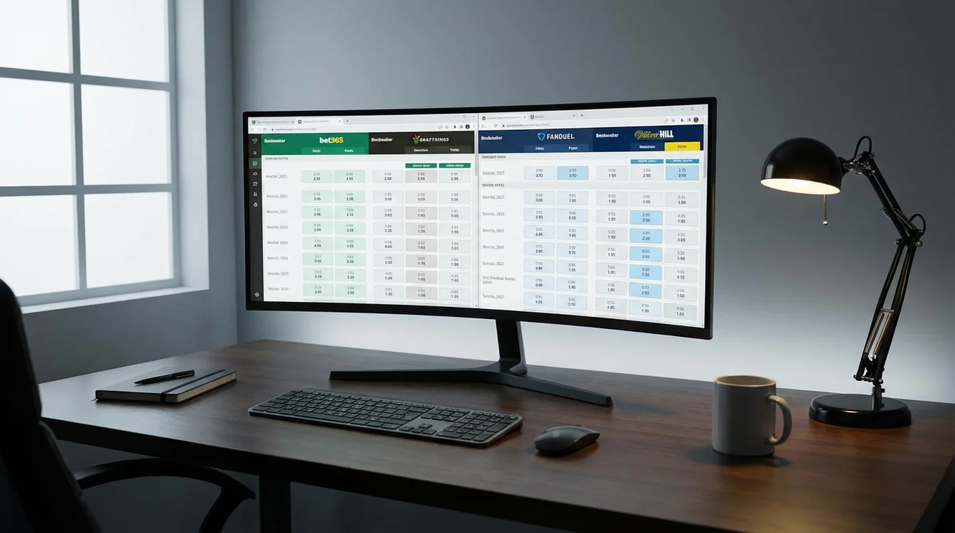 Meerdere bookmaker websites open op een computerscherm voor vergelijking