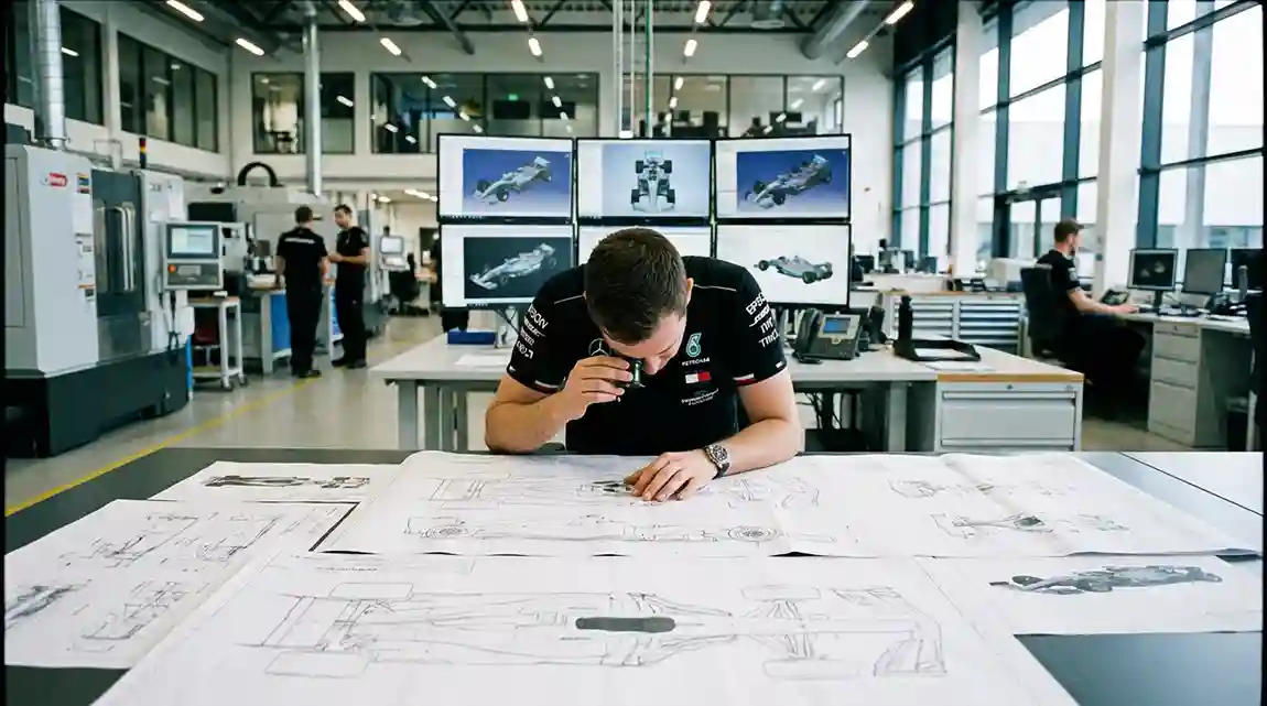 Ingenieur bestudeert technische tekeningen van een nieuwe Formule 1-auto in een ontwikkelingsruimte