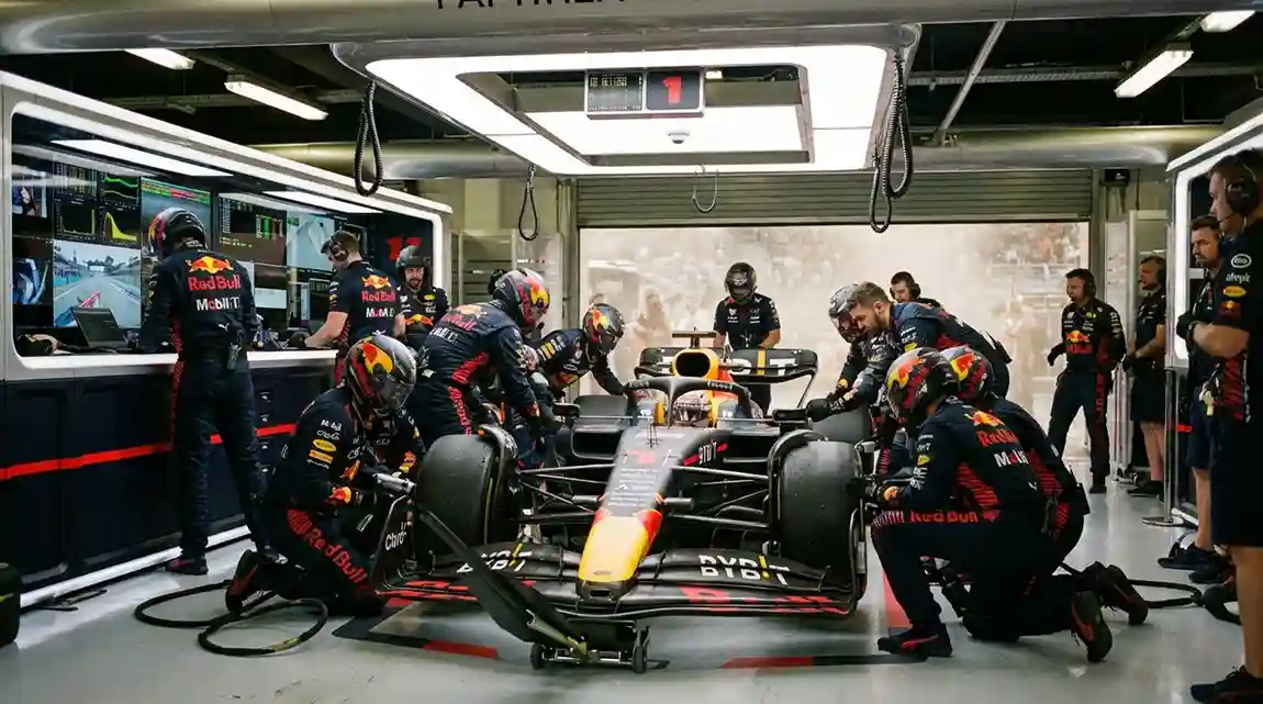 Formule 1-monteurs werken aan een racewagen in de pitbox tijdens een raceweekend