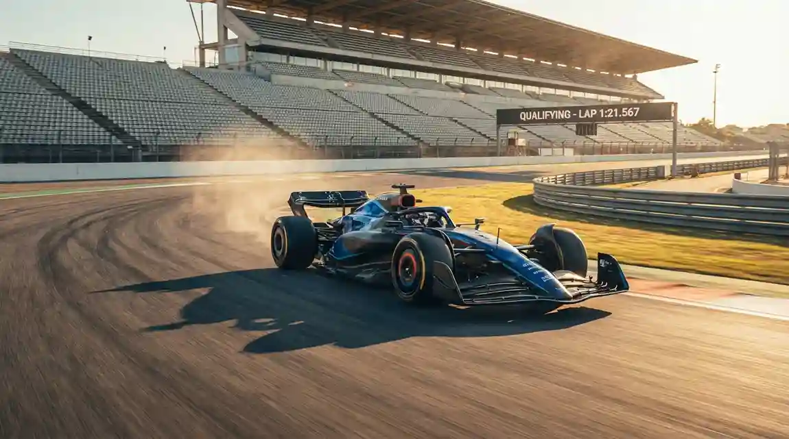 Formule 1-wagen rijdt een snelle kwalificatieronde op een leeg circuit