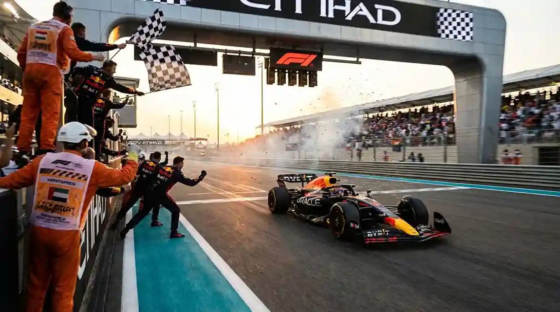 Formule 1-wagen passeert als eerste de finishlijn met zwaaiende vlaggen