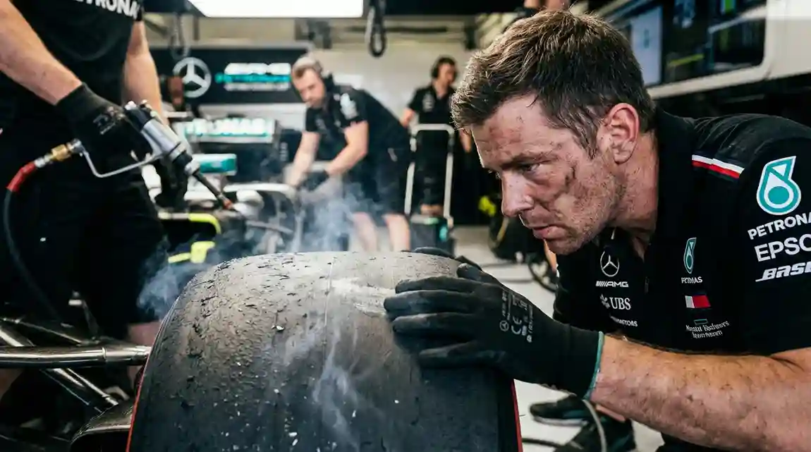 Formule 1-monteur controleert bandenslijtage tijdens een pitstop