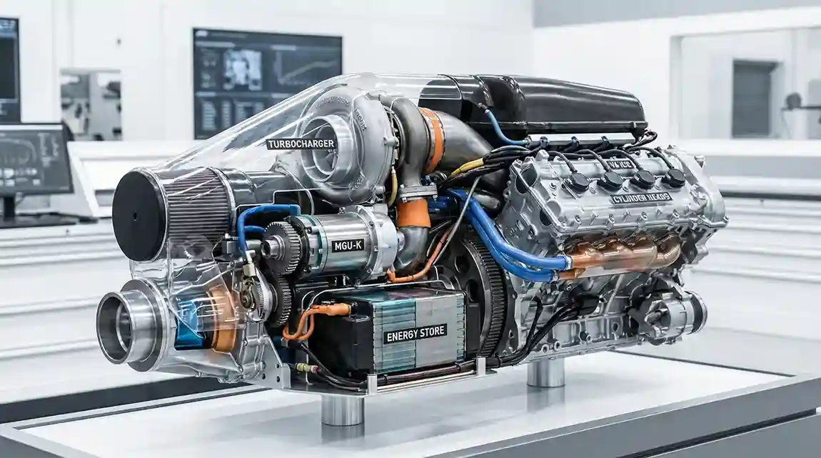 Technische tekening van een moderne F1 hybride power unit
