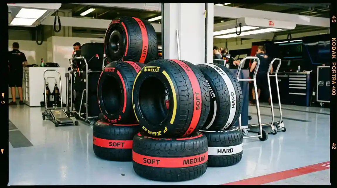 Close-up van verse Formule 1-banden klaar voor gebruik in de pitstraat