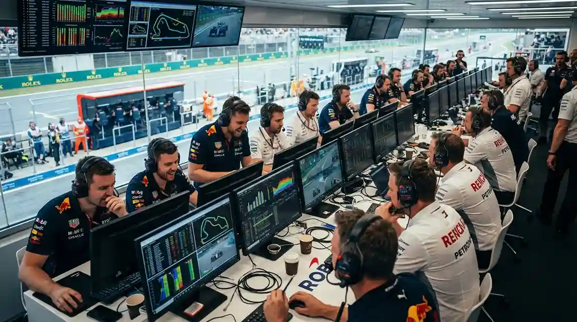 F1-team bespreekt strategie met data op schermen in de commandopost
