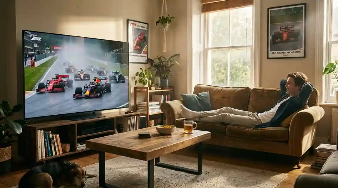 Beginnende sportfan bekijkt een Formule 1-race op televisie